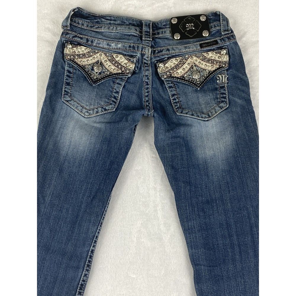 Miss Me Dark Blue Boot Cut Jeans with Rhinestone Embellished Pockets